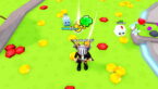 Roblox Pets Universe Avatar Wearing Silver Helmet Black Clothes Two Giant Swords On Back Standing Near Gold And Rubies As A Cat And Chicken Attack