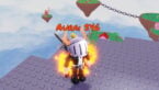Roblox Phonk Slap Avatar Wearing Silver Helmet Black Clothes Two Giant Swords On Back While Flames Surround Him As Floating Islands Float In The Background With Chains