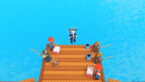 Roblox Roll A Fisherman Avatar Wearing Silver Helmet Black Clothes Two Giant Swords On Back Floating On Water As Fisherman Fish On Dock