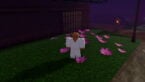 Roblox Slayers 2 Bald Headed Character In White Clothing Standing In Pink Petal Flowers Near Wooden House