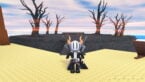 Roblox Slop Tower Defense Avatar Wearing Silver Helmet Black Clothes Two Giant Swords On Back Standing On Beach Before Blackened Earth And Burnt Trees