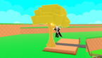 Roblox Steal A Tree Avatar Wearing Silver Helmet Black Clothes Two Giant Swords On Back Jumping Near A Golden Apple Tree
