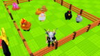 Roblox Steal A Chicken Avatar Wearing Silver Helmet Black Clothes Two Giant Swords On Back Standing On Wooden Fence Holding A Bat As Different Colored Chickens Roam Abouty Pen