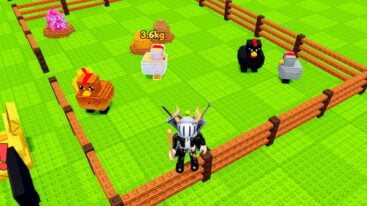 Roblox Steal A Chicken Avatar Wearing Silver Helmet Black Clothes Two Giant Swords On Back Standing On Wooden Fence Holding A Bat As Different Colored Chickens Roam Abouty Pen