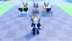 Roblox Stream A Cheese Pull Avatar Wearing Silver Helmet Black Clothes Two Giant Swords On Back Standing Before Clones Sititng At Desks Pulling Cheese