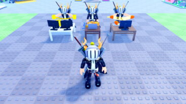 Roblox Stream A Cheese Pull Avatar Wearing Silver Helmet Black Clothes Two Giant Swords On Back Standing Before Clones Sititng At Desks Pulling Cheese