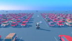 Roblox Where Did I Park Avatar Wearing Silver Helmet Black Clothes Two Giant Swords On Back Standing In Giant Car Park Filled With Red And Rusted Cars