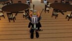 Roblox Wikirace Avatar Wearing Silver Helmet Black Clothes Two Giant Swords On Back Standing On Wooden Flooring Surrounded By Brown Tables And Chairs
