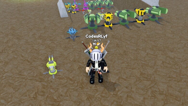 Roblox Zone Defense Rng Avatar Wearing Silver Helmet Black Clothes Two Giant Swords On Back Standing Before Tons Of Different Size And Colored Turrets