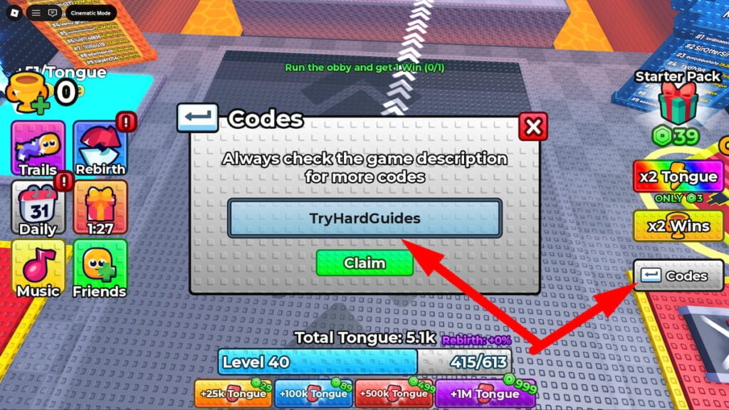 How To Redeem Codes In 1 Tongue Escape Roblox