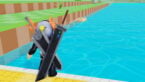 Roblox 1 Stone Skipping Avatar Wearing Silver Helmet Black Clothes Two Giant Swords On Back Skipping A Fossil Over Water