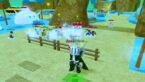 Roblox Anime Mysterious Avatar Wearing Silver Helmet Black Clothes Two Giant Swords On Back Standing Near Wooden Fence As Allies And Enemies Fight