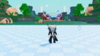 Roblox Clone To Steal Eggs Avatar Wearing Silver Helmet Black Clothes Two Giant Swords On Back Standing In Ice Snow Biome