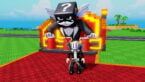 Roblox Shuffle An Egg Avatar Wearing Black Clothes Silver Helmet With Two Massive Swords On Back Standing Before Black Cube Npc Near Three Red Cups